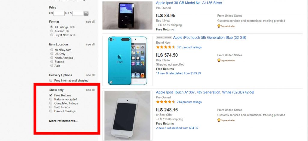 filter ebay search results by sellers who offer returns